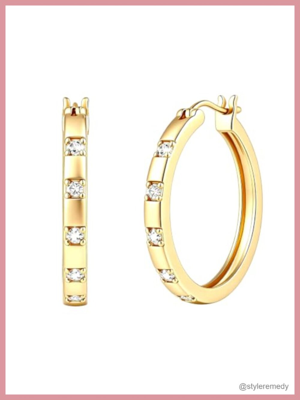 14k Gold Huggie Hoops Cubic Zirconia Inlaid Click Closure Lightweight
